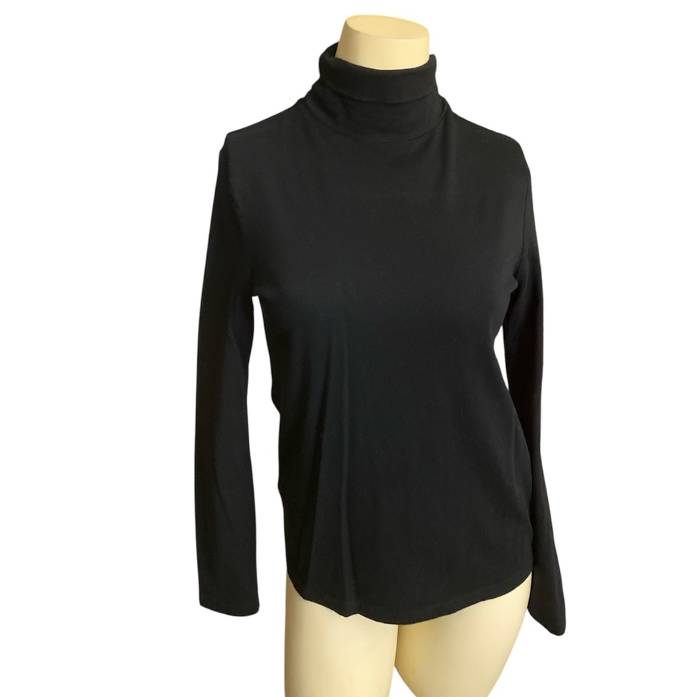2 A Tee Women’s Ruched Turtleneck Black Long Sleeve Cotton T Shirt Top Small